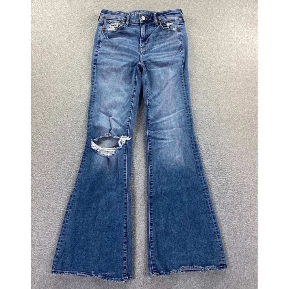 American Eagle Jeans Women's 0 Blue Super Hi-Rise Flare Distressed Stretch